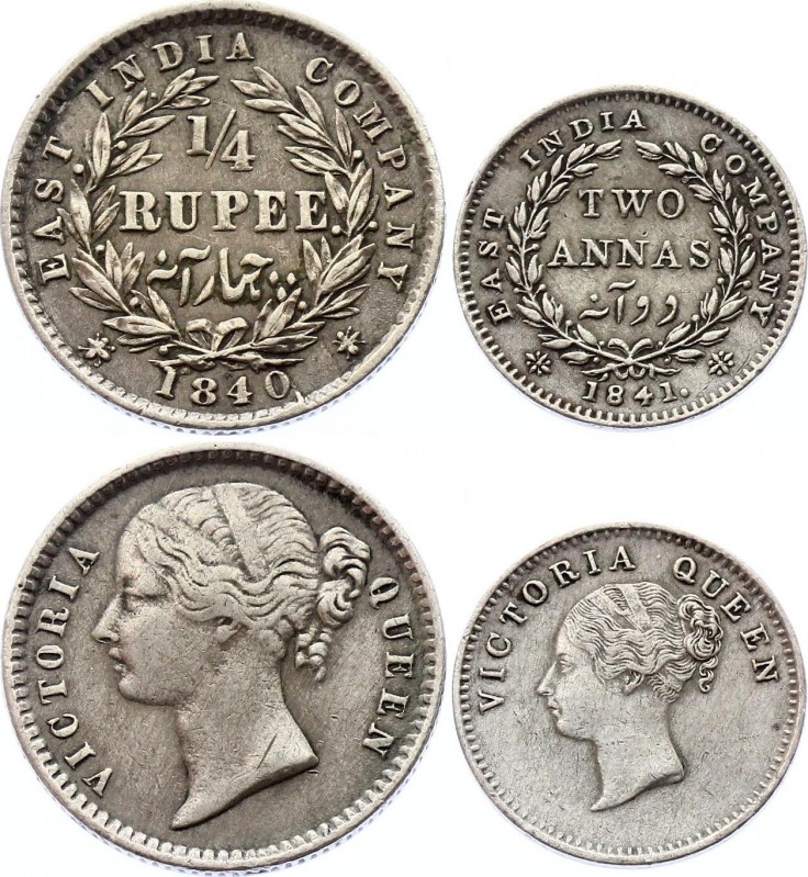 British India Lot of 2 Coins 1840 -1841
2 Annas & 1/4 Rupee 1840 - 1841; Silver...