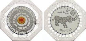 Kazakhstan 100 Tenge 2018 
Bi-Metallic Tantalum (.999) 15g Center in Silver (.925) 10g Ring; Total Weight 25g 38.61mm; Zodiac Signs - Taurus; Mintage...