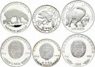 North Korea Lot of 3 Coins 1993 -2005
5 & 500 Won 1993 - 2005; Silver Proof. Animals & Dinosaur
