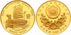 South Korea 50000 Won 1988 Proof
KM# 59; Gold (.925), 33,62g.; 1988 Olympics Obv: Arms above floral spray Rev: Turtle boat.