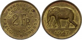 Belgian Congo 2 Francs 1947 
KM# 28; Léopold III; Mint Luster Remains