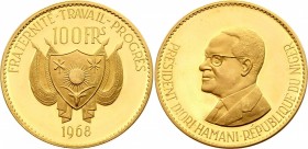 Niger 100 Francs 1968 
KM# 11; Gold (.900), 32,00g.; Independence Commemorative Obv: President Diori Hamani left Rev: Flagged arms; Mintage 1000 Piec...