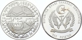 Saharawi 500 Pesetas 1991
KM# 8; Silver; Soccer Obv: National arms Rev: Ball divided by inscription; Proof