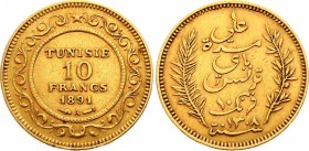 Tunisia 10 Francs 1891 A
KM# 226; Gold (.900), 3,23g.; Legend flanked by sprigs Obv. Legend: ALI Rev: Value, date in center circle of ornate design.