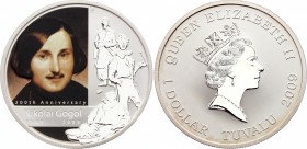 Tuvalu 1 Dollar 2009 
KM# 102; Silver; 200th Anniversary of the Birth of Nikolai Gogol; Mint 6000 Pcs; With Original Box & Certificate