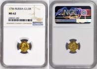 Russia Poltina 1756 NGC MS62
Bit# 70 R, 1/2 Rouble 1756; 2,75 Roubles by Petrov; Gold, UNC. NGC MS62. Very rare in this grade.