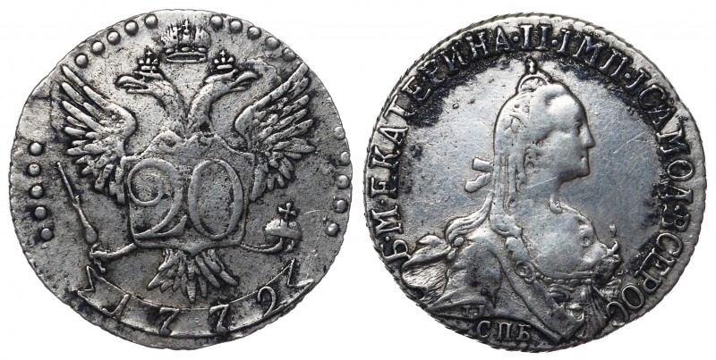 Russia 20 Kopeks 1772 СПБ ТI
Bit# 380; Silver 4.18g; Petrov-1 Rouble