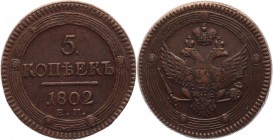 Russia 5 Kopeks 1802 EM
Bit# 283; Copper 47,90g.; Ekaterinburg mint.
