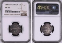 Russia - Georgia Double Abaz 1820 AT NGC AU55
Bit# 741; 1 Rouble by Petrov. Silver, AU-UNC, mint luster. NGC AU55. Rare in this grade!