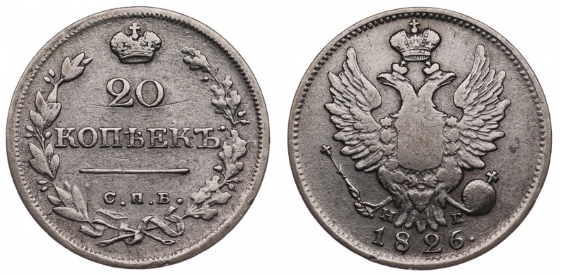 Russia 20 Kopeks 1826 /5 СПБ НГ/ПД R
Bit# 98 (R); Silver 3.99g; VF/XF
