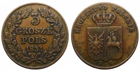 Russia - Poland 3 Grosze 1831 KG
C# 120; Copper 9.32g; Petrov-1 Rouble; Ilyin-5 Roubles; Revolutionary Coinage