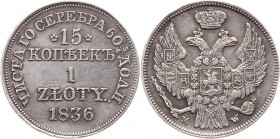 Russia - Poland 15 Kopeks-1 Zloty 1836 MW
Bit# 1168; Silver 3,2g.