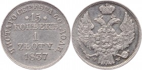 Russia - Poland 15 Kopeks-1 Zloty 1837 MW
Bit# 1170; Silver 3,0g.