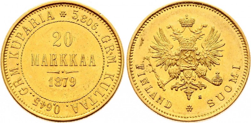 Russia - Finland 20 Markkaa 1879 S
Bit# 612; KM# 9.2; Gold (.900) 6,45g.; Obv: ...