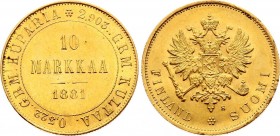 Russia - Finland 10 Markkaa 1881 S
Bit# 228; KM# 8.2; Gold (.900) 3,23g.; Obv: Crowned imperial double eagle holding orb and scepter Rev: Denominatio...