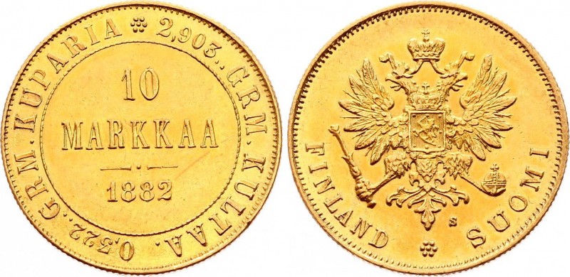 Russia - Finland 10 Markkaa 1882 S
Bit# 229; KM# 8.2; Gold (.900) 3,23g.; Obv: ...