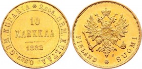 Russia - Finland 10 Markkaa 1882 S
Bit# 229; KM# 8.2; Gold (.900) 3,23g.; Obv: Crowned imperial double eagle holding orb and scepter Rev: Denominatio...