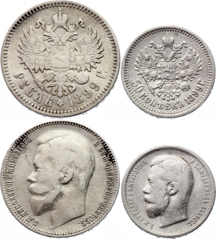 Russia Lot of 2 Coins 1899 
50 Kopeks 1899 АГ & 1 Rouble 1899 ФЗ; Silver