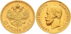 Russia 10 Roubles 1902 АР
Bit# 10; KM# 64; Gold (.900) 8,60g.; Nicholas II;Obv: Head left Rev: Crowned double-headed imperial eagle, ribbons on crown...