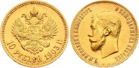 Russia 10 Roubles 1903 АР
Bit# 11; KM# 64; Gold (.900) 8,60g.; Nicholas II;Obv: Head left Rev: Crowned double-headed imperial eagle, ribbons on crown...