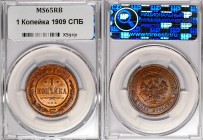 Russia 1 Kopek 1909 СПБ NNR MS 65 RB
Bit# 256; Copper