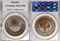 Russia 3 Kopeks 1912 СПБ NNR MS 62 BN
Bit# 225; Copper