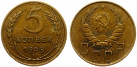 Russia - USSR 5 Kopeks 1939 
Y# 108; Fedorin# 39; Al-Br; XF/XF+