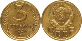 Russia - USSR 3 Kopek 1941 UNC
Y# 107; Aluminium-Bronze 3,0g.