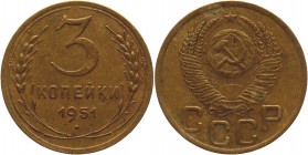 Russia - USSR 3 Kopek 1951 
Y# 114; Aluminium-Bronze