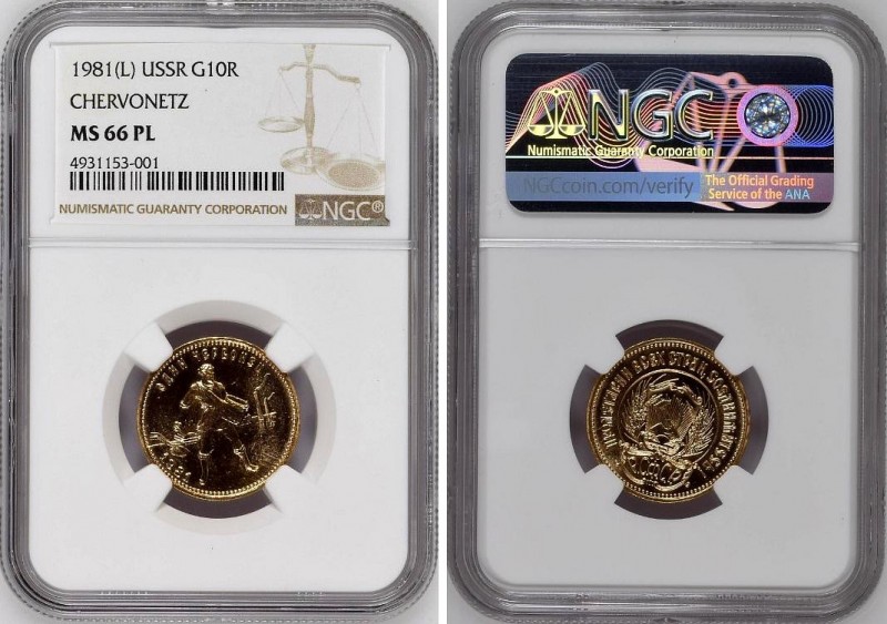 Russia - USSR 1 Chervonets 1981 L NGC MS66 PL
Y# 85; Gold (.900) 8.60g 22.6mm. ...