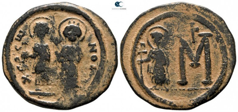 Maurice Tiberius with Constantina and Theodosius AD 582-602. Struck AD 596-602. ...