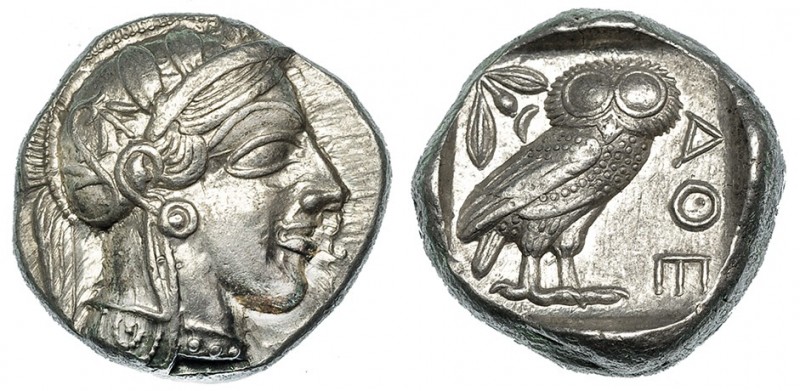 ÁTICA. Atenas. Tetradracma (454-405 a.C.). A/ Cabeza de Atenea a der. R/ Lechuza...