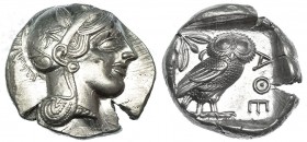 ÁTICA. Atenas. Tetradracma (454-405 a.C.). A/ Cabeza de Atenea a der. R/ Lechuza a der. dentro de cuadrado incuso; detrás rama de olivo, delante AQE. ...