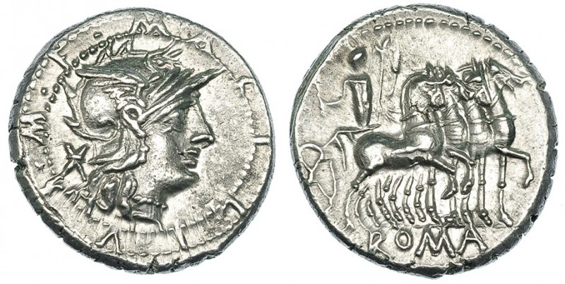 ACILIA. Denario. Roma (130 a.C.). A/ Cabeza de Roma a der.; M. ACILIVS. M. F. R/...