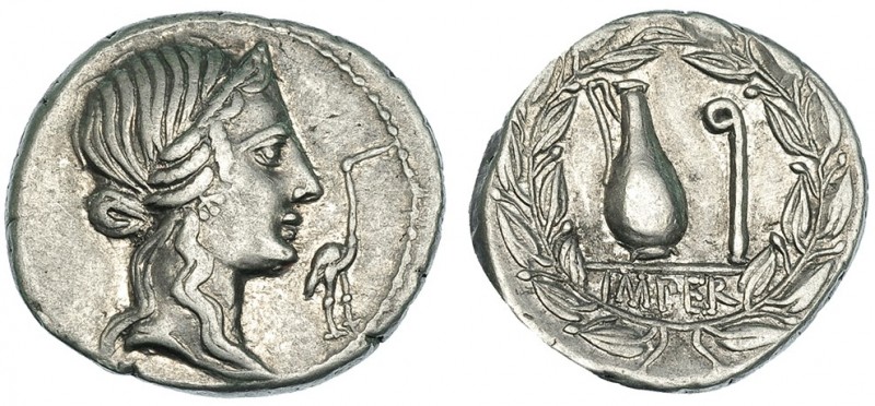 CAECILIA. Denario. Hispania (81 a.C.). A/ Cabeza de Pietas, delante cigüeña. R/ ...