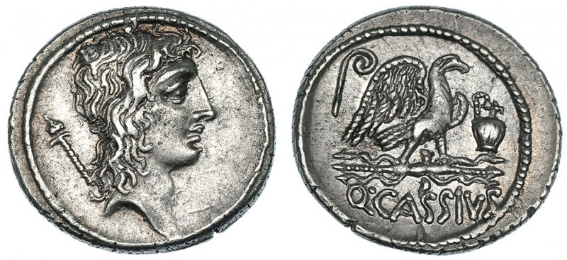 CASSIA. Denario. Roma (55 a.C.). A/ Cabeza de Bonus Eventus a der., detrás cetro...