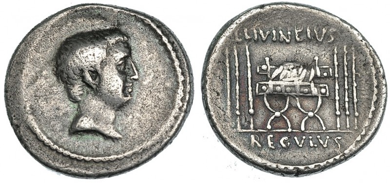 LIVINEIA. Denario. Roma (42 a.C.). A/ Cabeza de Lucio Livineio a der. R/ Silla c...