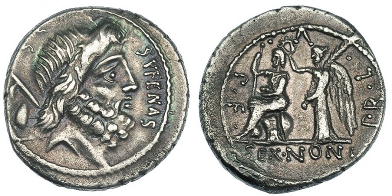 NONIA. Denario. Roma (59 a.C.). A/ Cabeza de Saturno a der., detrás símbolo; S.C...