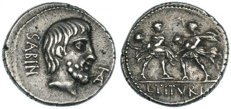 TITURIA. Denario. Roma (89 a.C.). A/ Cabeza de Tatius; TA SABIN. R/ Rapto de las...