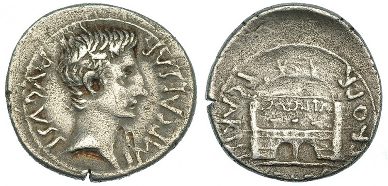 OCTAVIO. Denario. Emerita (25-23 a.C.). A/ Cabeza de Augusto a der.; alrededor e...