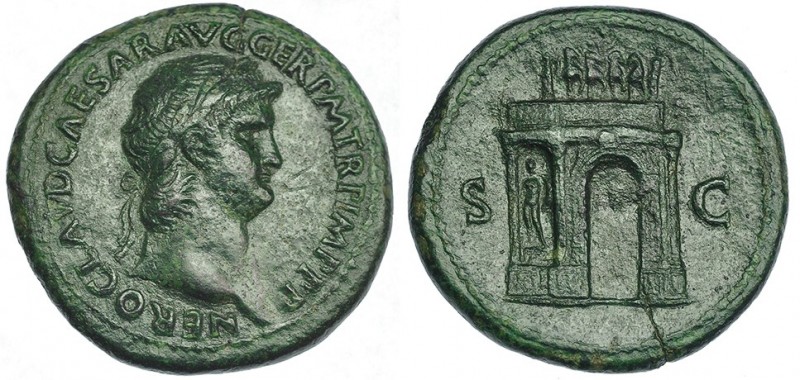 NERÓN. Sestercio. Roma (c. 64). A/ Cabeza laureada a der. con égida sobre el hom...