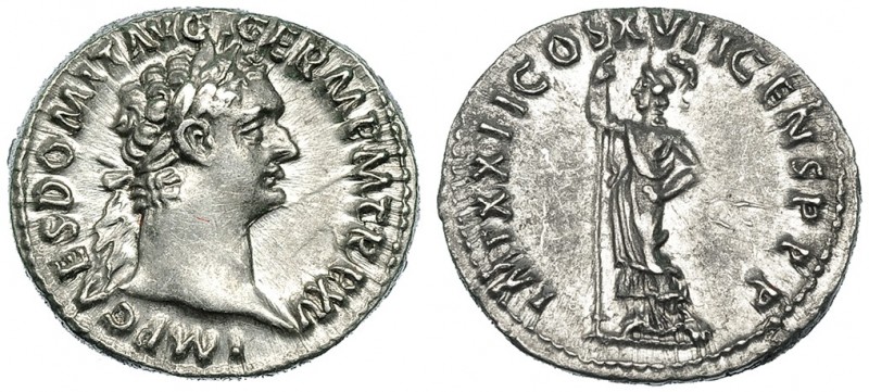 DOMICIANO. Denario. Roma (95-96). R/ Minerva a izq. con lanza y haz de rayos; IM...