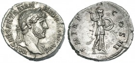 ADRIANO. Denario. Roma (119-122). R/ Minerva avanzando a der. con lanza y escudo; P M. TR. P. COS. III. RIC-69b. EBC-.