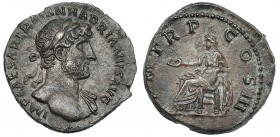 ADRIANO. Denario. Roma (119-122). R/ Concordia sentada a izq. con pátera; P. M. TR. P COS. III. RIC-82. Pátina gris. EBC-/MBC+.