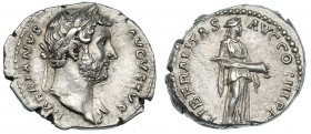 ADRIANO. Denario. Roma (132-134). R/ Liberalitas a der. vaciando cornucopia; LIBERALITAS AVG COS. III. P. P. RIC-216. Cospel abierto. EBC-.