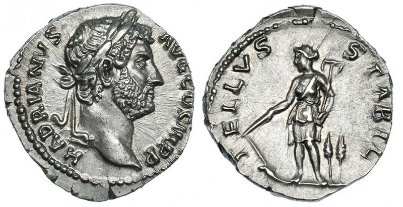 ADRIANO. Denario. Roma (134-138). R/ Tellus a izq. con rastrillo y arado, a der....