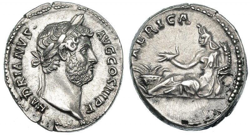 ADRIANO. Denario. Roma (134-138). R/ África sentada a izq. con escorpión y cornu...