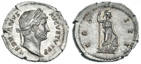 ADRIANO. Denario. Roma (134-138). R/ Minerva a der. con lanza y escudo; COS III. RIC-330. Bonita pátina. EBC. Ex Vico, 15-11-1990, lote nº 137.