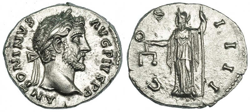 ANTONINO PÍO. Denario. Roma (145-161). R/ Aequitas a izq. con balanza y var; COS...