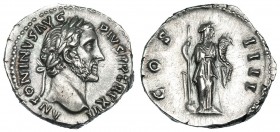 ANTONINO PÍO. Denario. Roma (145-161). R/ Fortuna a der. con timón sobre globo y cornucopia; COS-IIII. RIC-205. EBC-/EBC.